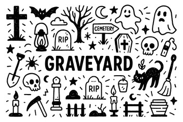 Graveyard doodle composition with tombstones, ghosts, bats, and spooky Halloween elements, Transparent Background