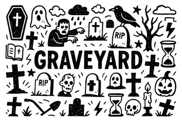 Graveyard doodle composition with tombstones, ghosts, bats, and spooky Halloween elements, Transparent Background