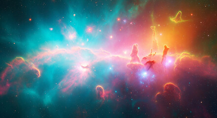 Cosmic Art: Neon Pillars of Gas and Dust in Deep Space.
A breathtaking, hyper-realistic depiction of a vibrant emission nebula within the cosmos, bursting with high-contrast, vivid colours