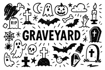 Graveyard doodle composition with tombstones, ghosts, bats, and spooky Halloween elements, Transparent Background