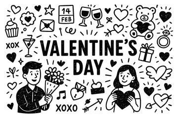 Valentine’s Day doodle composition with hearts, couples, gifts, and love symbols, Transparent Background
