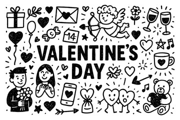 Valentine’s Day doodle composition with hearts, couples, gifts, and love symbols, Transparent Background
