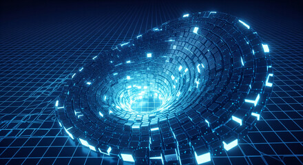 Abstract Blue Digital Vortex and Futuristic Grid Patterns