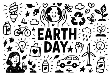 Obraz premium Earth Day doodle composition with eco-friendly lifestyle, plants, and recycling icons, Transparent Background