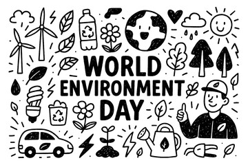 World Environment Day doodle composition with trees, recycling, and eco-friendly lifestyle icons, Transparent Background