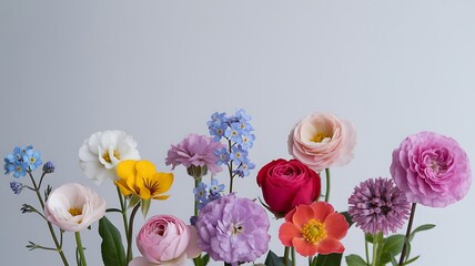 Obraz premium Colorful ranunculus flowers in full bloom against a soft grey background