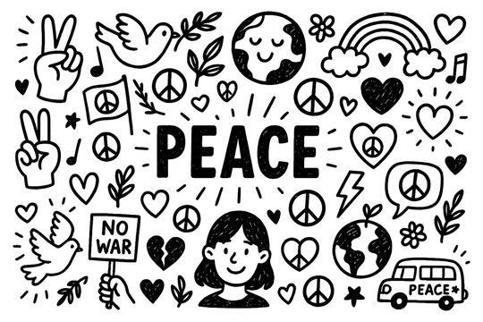 Peace Day doodle composition with doves, peace signs, earth, and harmony symbols, Transparent Background