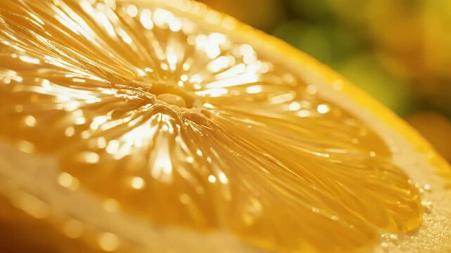 Luminous Citrus Slice Close-up of Vibrant Texture with Glistening Light