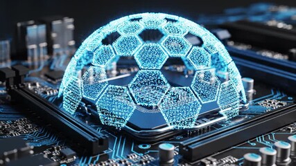 Futuristic Digital Innovation Showcasing Soccer Technology with Glowing Blue Hexagonal Patterns on Circuit Board, Merging Sports and Advanced Circuitry for Unique Experience - Powered by Adobe