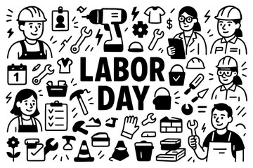 Labor Day doodle composition with workers, tools, and May 1 celebration symbols, Transparent Background