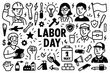 Labor Day doodle composition with workers, tools, and May 1 celebration symbols, Transparent Background