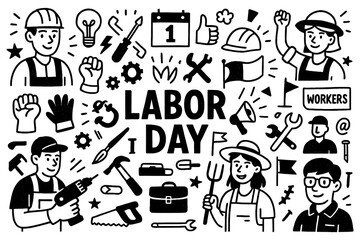 Labor Day doodle composition with workers, tools, and May 1 celebration symbols, Transparent Background