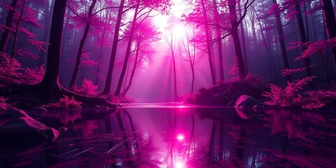Enchanting pink forest scene with a serene water body reflecting vibrant light and mist
