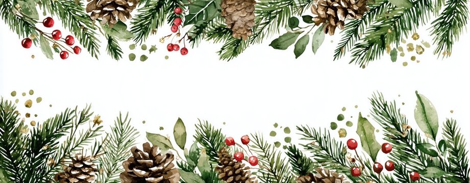 Christmas Border with Pine Cones, Holly Berries, and Evergreen Foliage