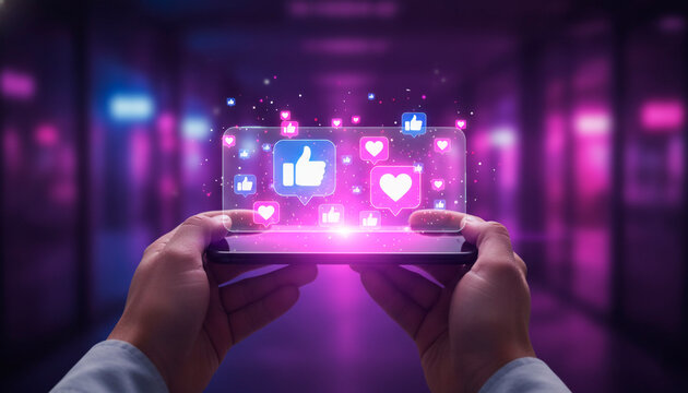 Engage online with vibrant social media likes and hearts appearing from a mobile phone screen in a modern digital world