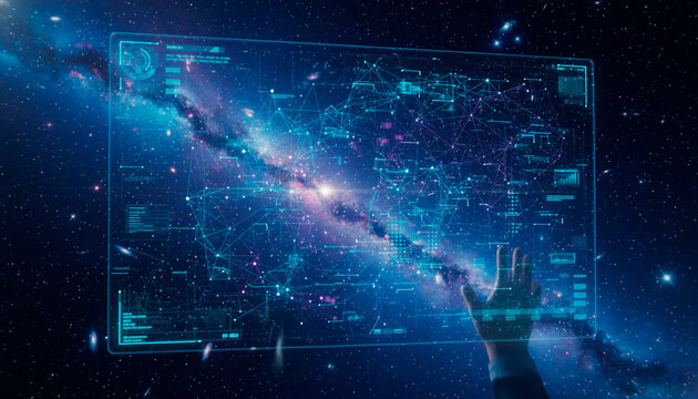 Futuristic hand interacts with glowing digital network overlaying a vibrant nebula and starfield, visualizing global data connections.
