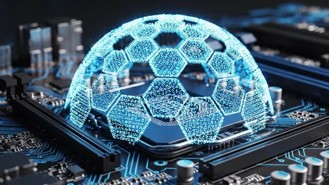 Futuristic Digital Innovation Showcasing Soccer Technology with Glowing Blue Hexagonal Patterns on Circuit Board, Merging Sports and Advanced Circuitry for Unique Experience - Powered by Adobe