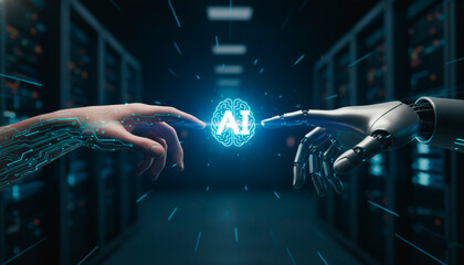 Human and robot hands reach out, touching AI brain hologram symbolizing future technology and innovation in data center