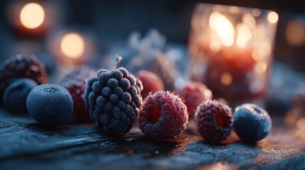 frozen berries shining under candlelight,