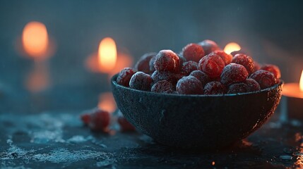 frozen berries shining under candlelight,