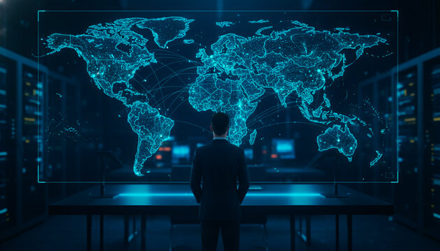 Visionary executive strategizes global expansion using futuristic digital world map interface in a high tech command center - Powered by Adobe