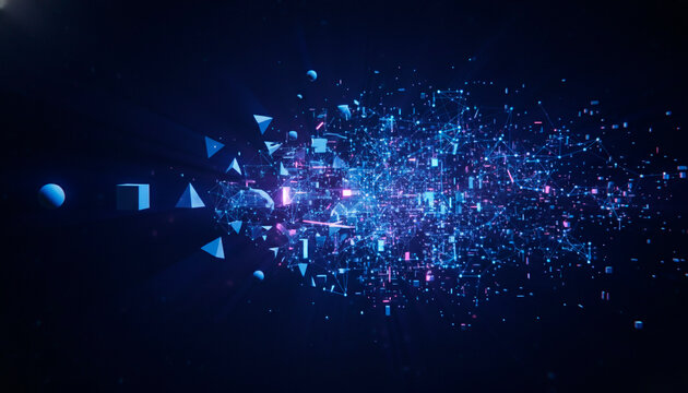 Dynamic digital network with glowing nodes and geometric shapes, representing futuristic data or artificial intelligence in a dark, abstract space.