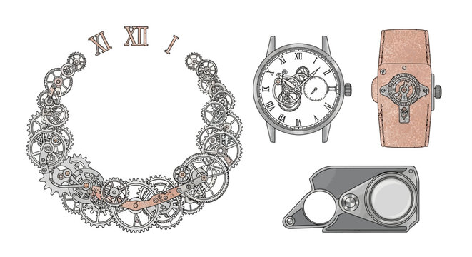 Elegant watchmaking vector elements with gear wreath, skeleton watch face, and loupe for horology branding
