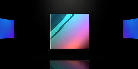 Abstract geometric shape with iridescent gradient and diagonal stripes against a dark background