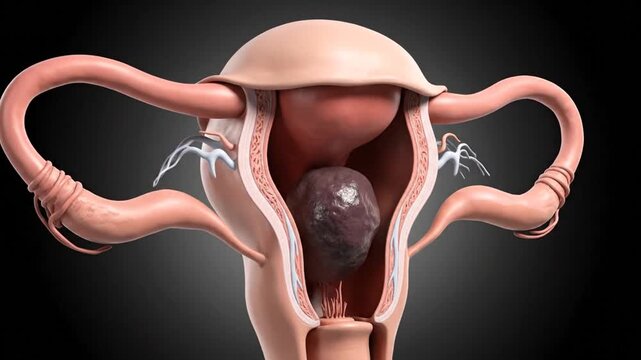 Anatomical 3D Rendering of Uterus with Large Fibroid Tumor Causing Distension and Pressure on Cervix and Vagina