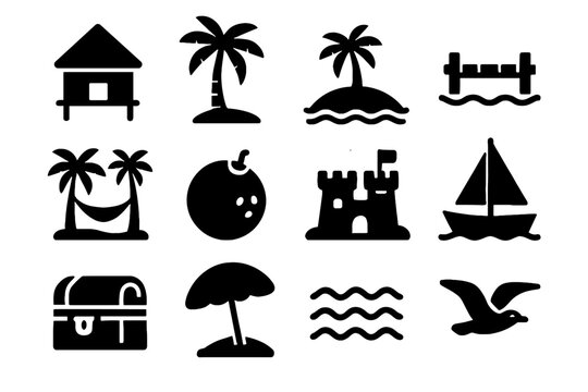 Beach treasure vector coconut icon private palm hammock waves umbrella island hut