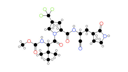 ibuzatrelvir molecule, structural chemical formula, ball-and-stick model, isolated image antiviral agent