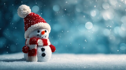 Fototapeta premium Snowman in Red and White Knit Hat and Scarf with Snowfall and Bokeh Background for Christmas Decor and Winter Themed Projects