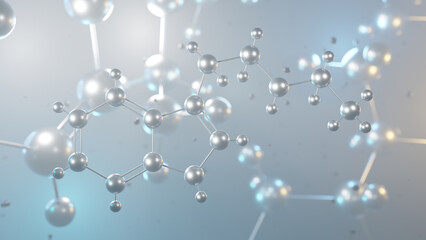 n-ethyltryptamine molecular structure, 3d model molecule, tryptamine structural chemical formula view from a microscope