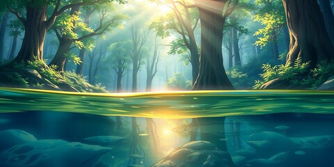 Sunlit forest split view shows tranquil river surface and underwater stones sunlight streaming through trees