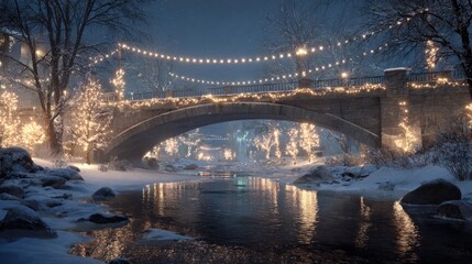 frozen bridge covered in Christmas lights,