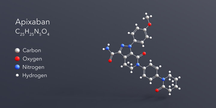 apixaban molecule 3d rendering, flat molecular structure with chemical formula and atoms color coding