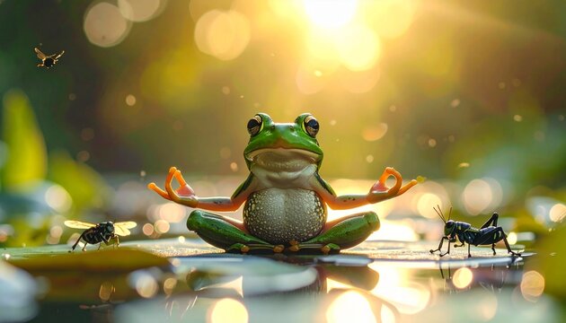 Zen green frog meditating in a yoga lotus pose on a lily pad, finding tranquility and inner peace in a sunlit pond