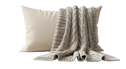 Cozy pillow and knitted blanket isolated on a transparent background