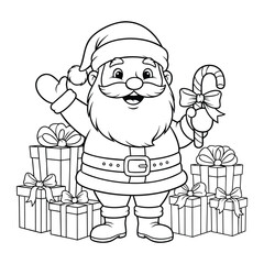 Jolly Santa Claus with Christmas Gifts and Candy Cane Line Art