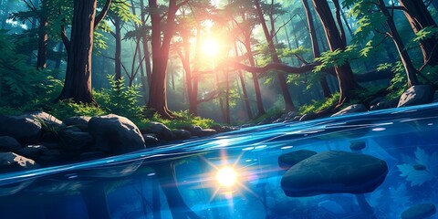 Sunlight streams through lush green forest canopy illuminating a clear blue river with submerged rocks and flowing water