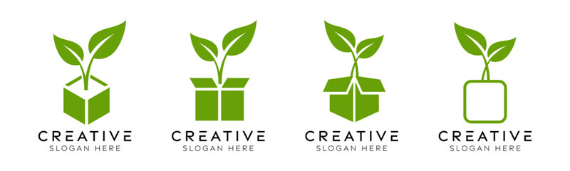 Set of box plants logo design templates. Modern isolated box with plants design for eco-friendly, logistics, and packaging.