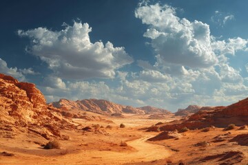 Fototapeta premium Serene desert landscape with reddish rock formations, sandy stretches, and wispy clouds against a bright blue sky, featuring gentle hills and a winding path adding depth and tranquility