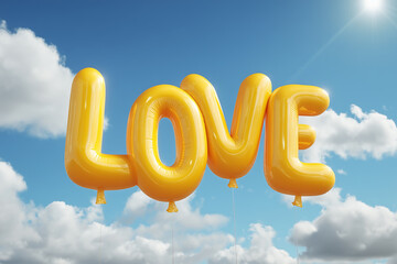 "LOVE" Word in Yellow Balloons Floating in a Bright Sunny Blue Sky with Clouds - Romance and Happiness Concept