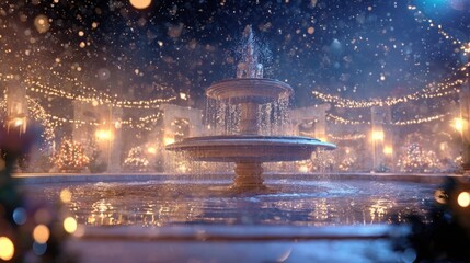 frozen fountain surrounded by Christmas lights,