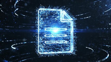 Glowing digital document in futuristic environment, surrounded by particles and binary code, symbolizes innovation and transformation through mesmerizing vortex of blue light - Powered by Adobe