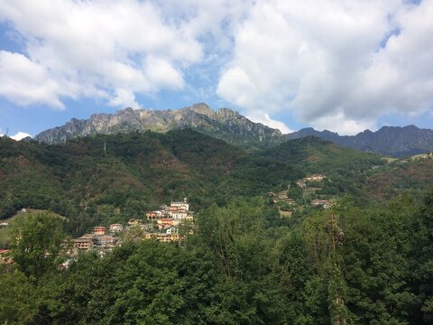 The view of the hill with the village of Camerata Cornello, Lombardy, Italy.