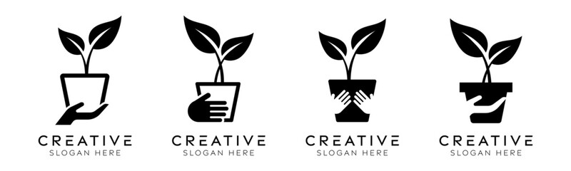 Set of giving plants logo design templates. Modern isolated hand care with plants design for eco-friendly, care and nature.