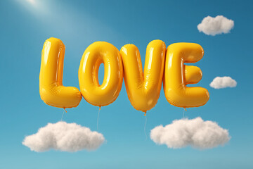 "LOVE" Word in Yellow Balloons Floating in a Bright Sunny Blue Sky with Clouds - Romance and Happiness Concept