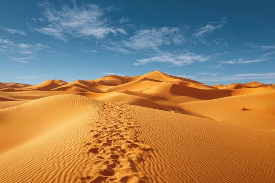 Captivating desert scenery with golden sand dunes and textured waves, set against a serene sky with clouds, showcasing varying dune heights and a mysterious human footprint trail