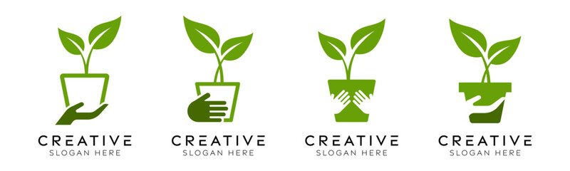 Set of giving plants logo design templates. Modern isolated hand care with plants design for eco-friendly, care and nature.